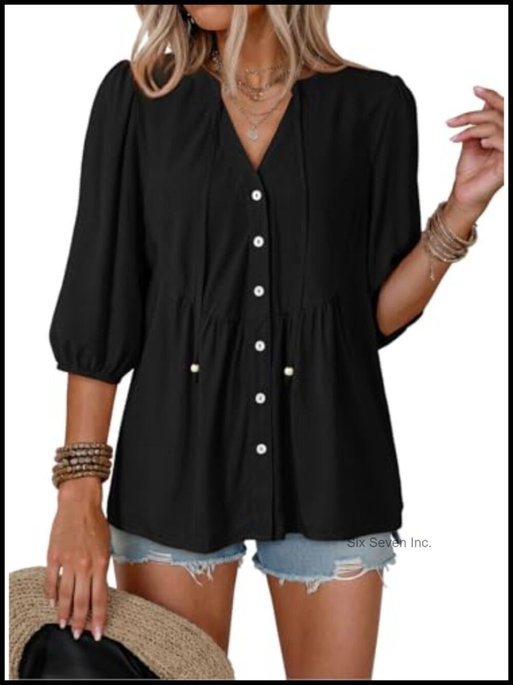 Boho Button Down V Neck Peplum Babydoll Blouse Short Sleeve